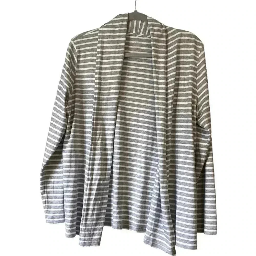 LL Bean Top Large White Open Cardigan Striped Shawl NecK Supima Cotton Sz Large